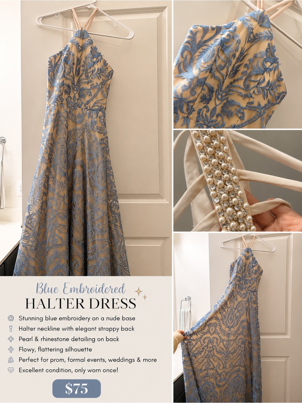 Halter Blue Embroidered Evening Dress - Nude Base
